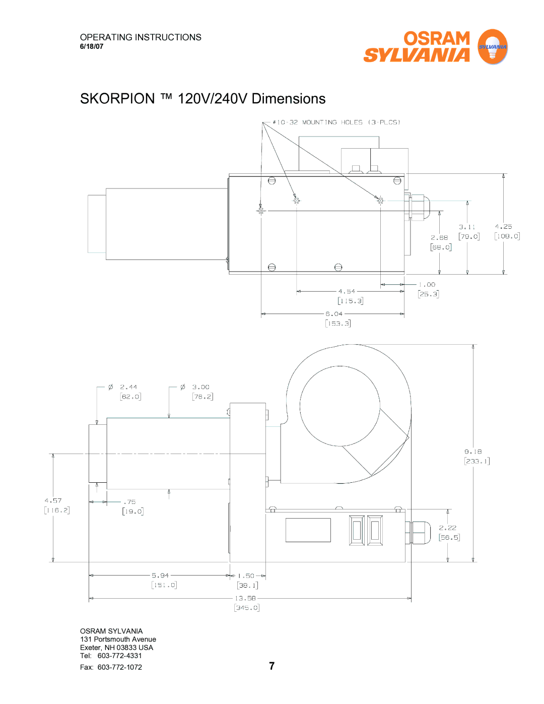 Sylvania F075615 operating instructions Skorpion 120V/240V Dimensions 