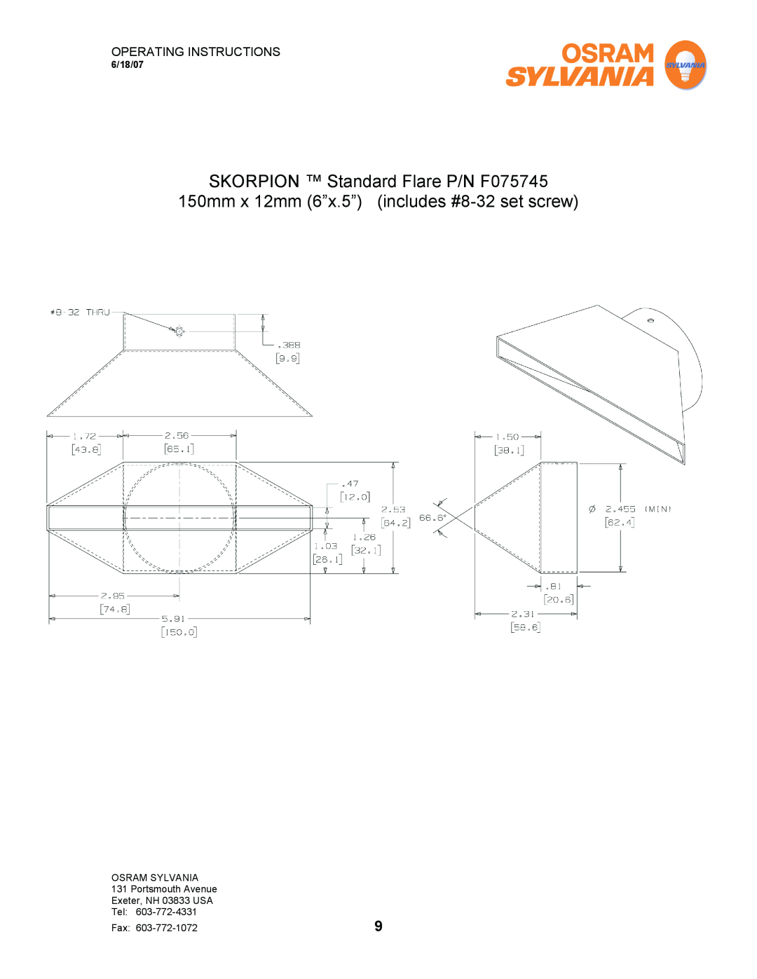 Sylvania F075615 SKORPION Standard Flare P/N F075745, 150mm x 12mm 6”x.5” includes #8-32set screw, Operating Instructions 