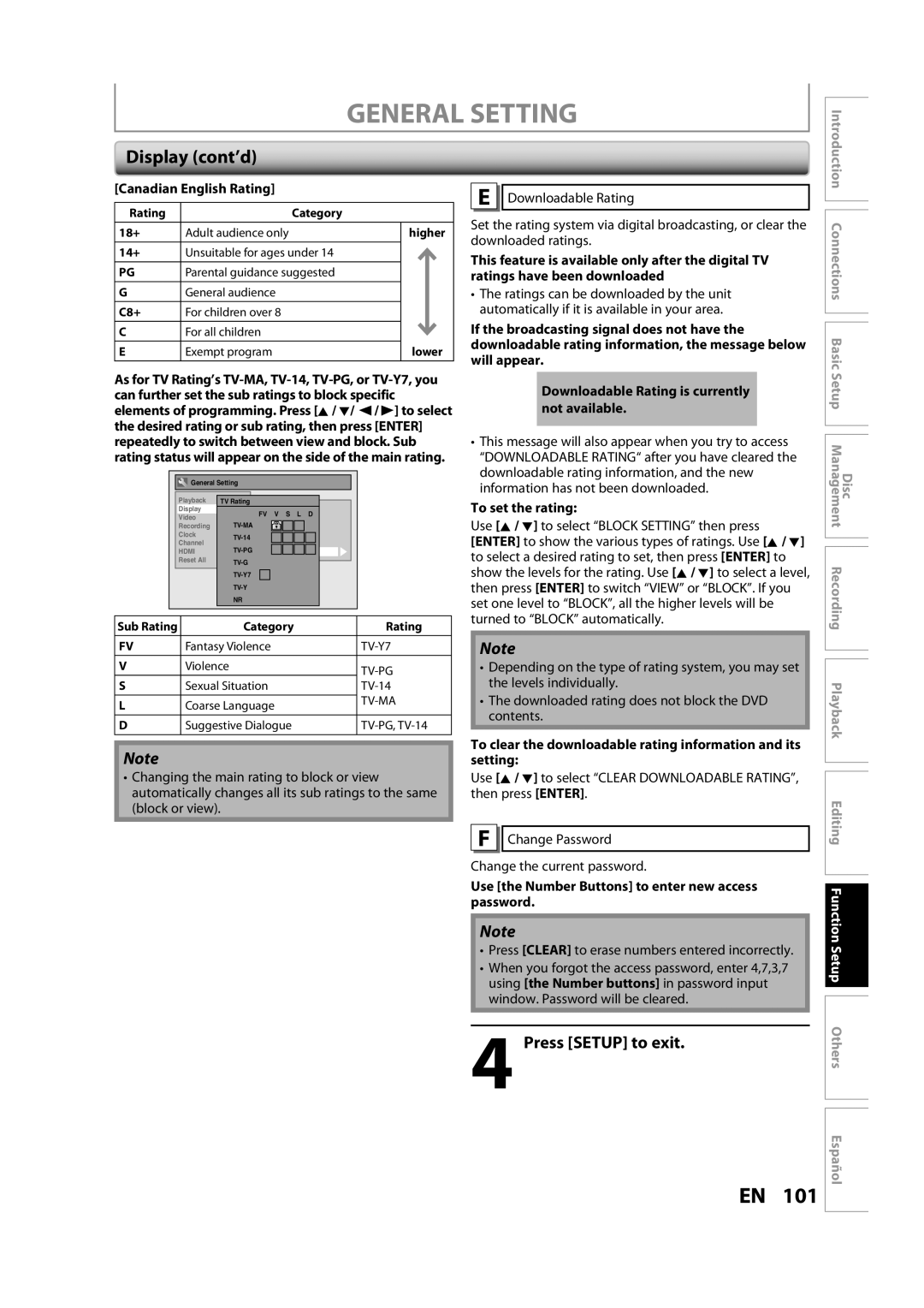 Sylvania H2160SL9 Canadian English Rating, To set the rating, Use the Number Buttons to enter new access password 