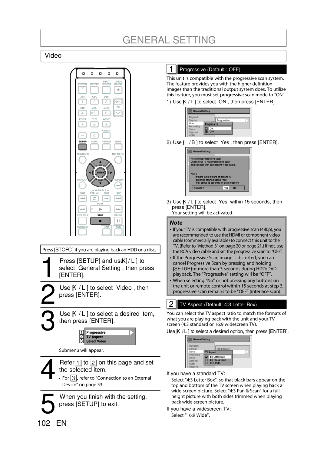 Sylvania H2160SL9 owner manual Video, Selected item, Refer 1 to 2 on this page and set, Progressive Default OFF 