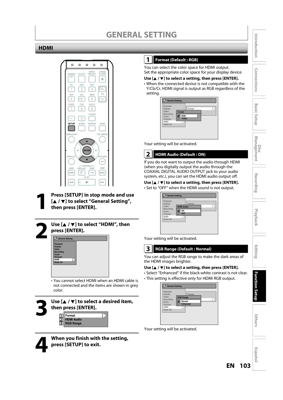 Sylvania H2160SL9 owner manual Format Default RGB, Hdmi Audio Default on, Set to OFF when the Hdmi sound is not output 