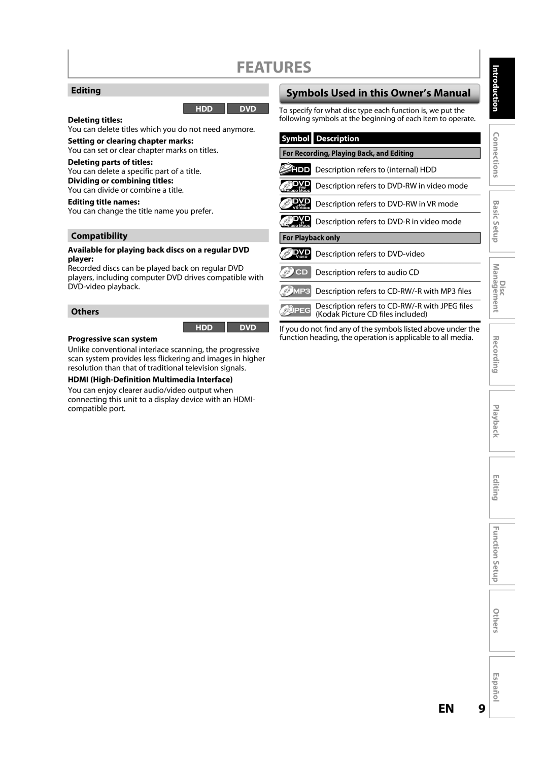 Sylvania H2160SL9 owner manual Features, Editing, Compatibility, Others, Symbol Description 