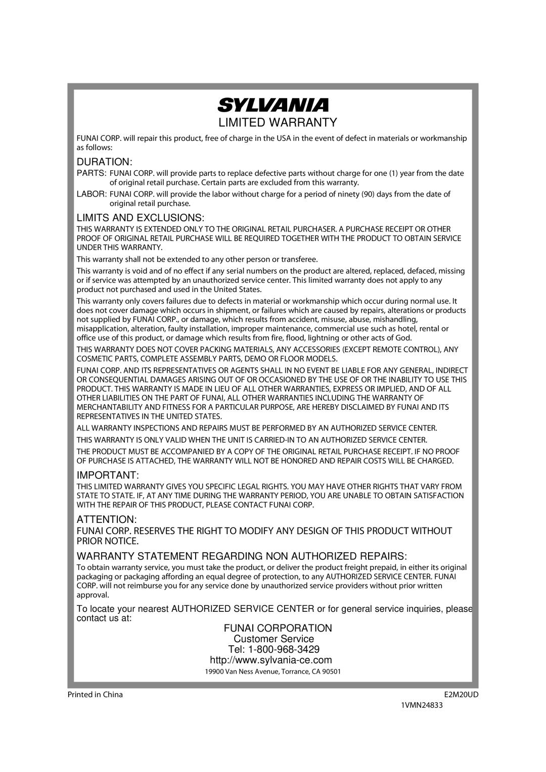 Sylvania H2160SL9 owner manual Customer Service Tel, 1VMN24833 