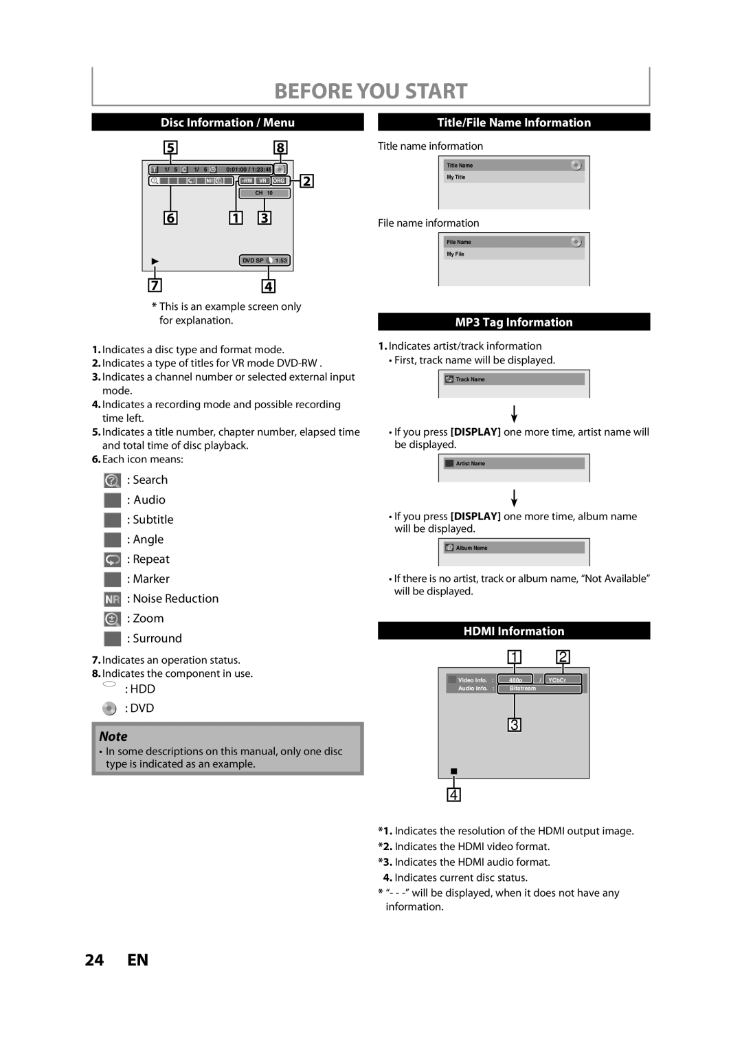 Sylvania H2160SL9 owner manual Before YOU Start, Title name information, File name information 