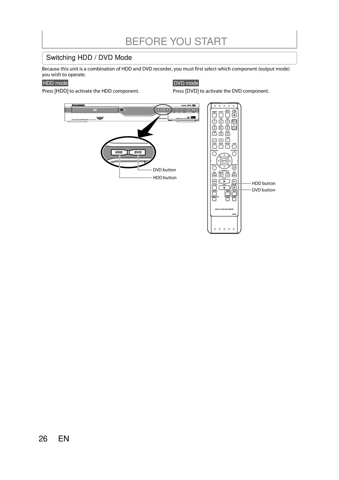 Sylvania H2160SL9 owner manual Switching HDD / DVD Mode, HDD mode, Press HDD to activate the HDD component, DVD mode 