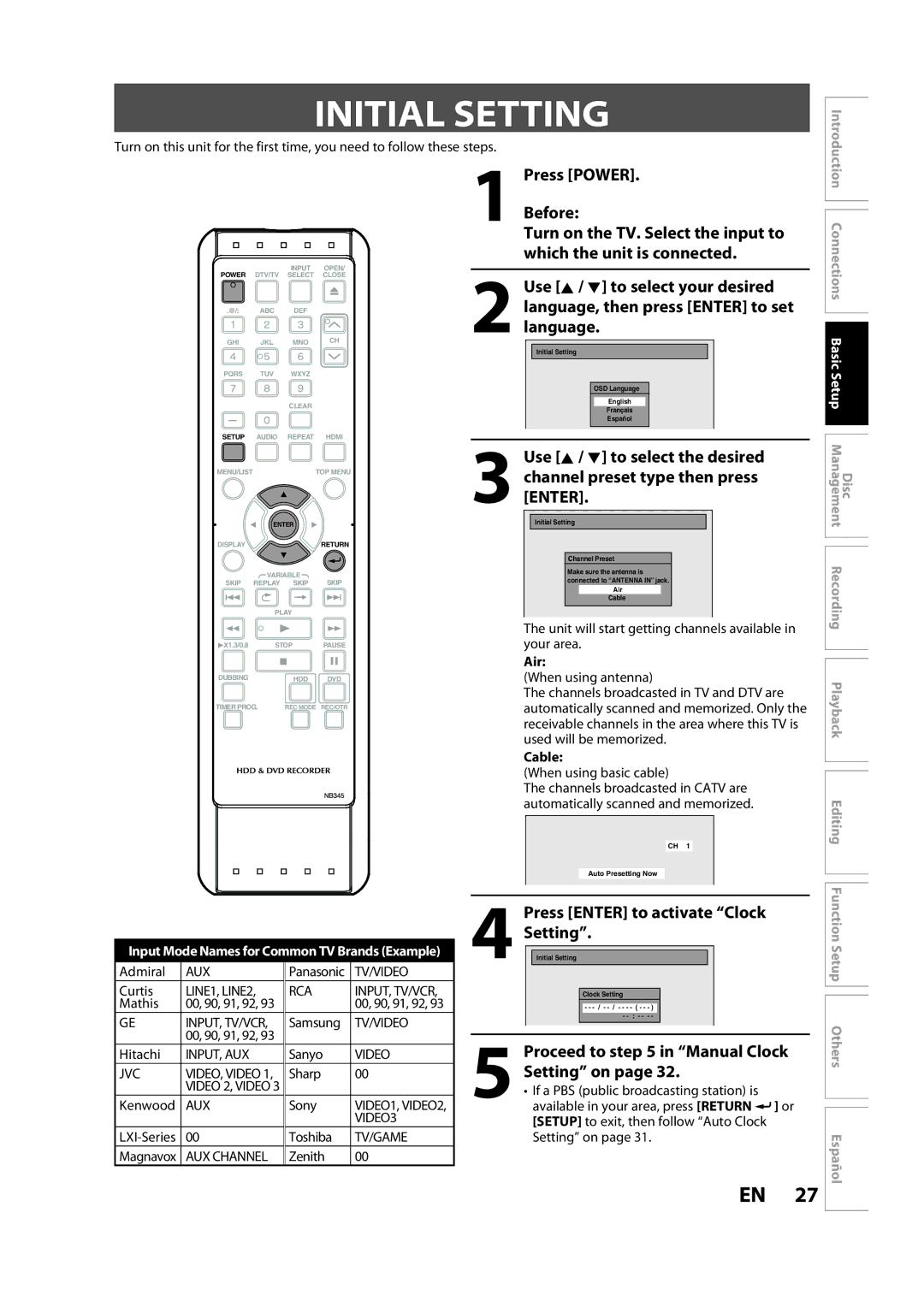 Sylvania H2160SL9 owner manual Initial Setting, Setting on, Press POWER. Before, Proceed to in Manual Clock 