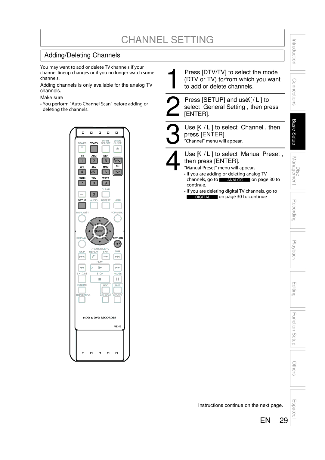 Sylvania H2160SL9 owner manual Channel Setting, Adding/Deleting Channels, Instructions continue on the next 