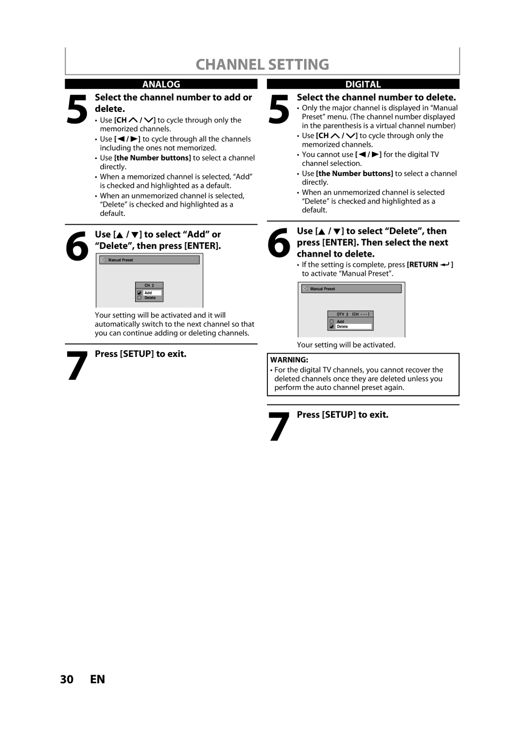 Sylvania H2160SL9 owner manual Press Setup to exit, Use K / L to select Add or Delete, then press Enter 