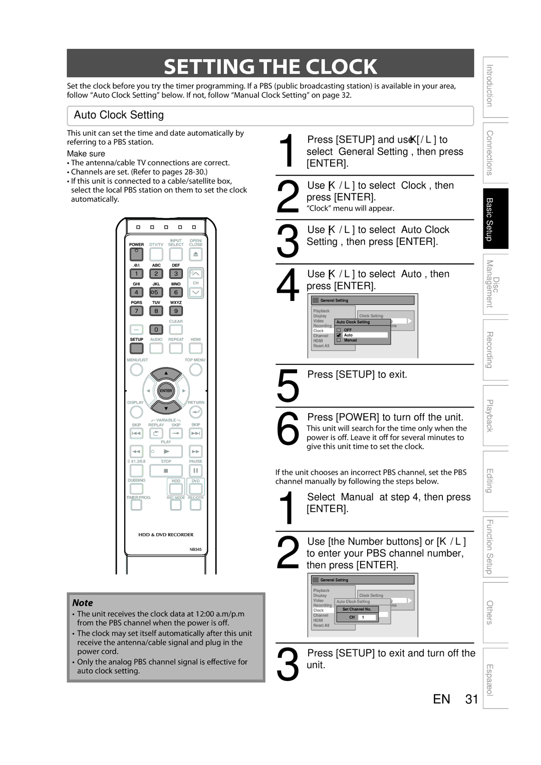 Sylvania H2160SL9 Setting the Clock, Use K / L to select Auto Clock Setting, then press Enter, Clock menu will appear 