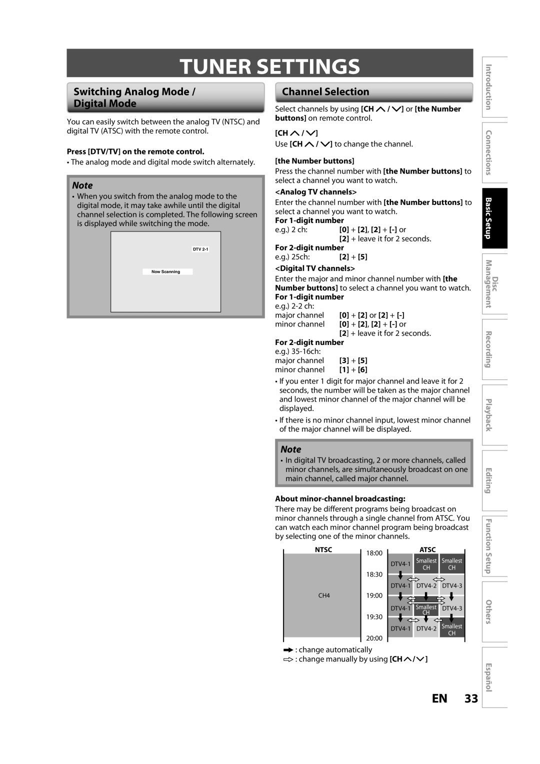 Sylvania H2160SL9 owner manual Tuner Settings, Switching Analog Mode Digital Mode, Channel Selection 