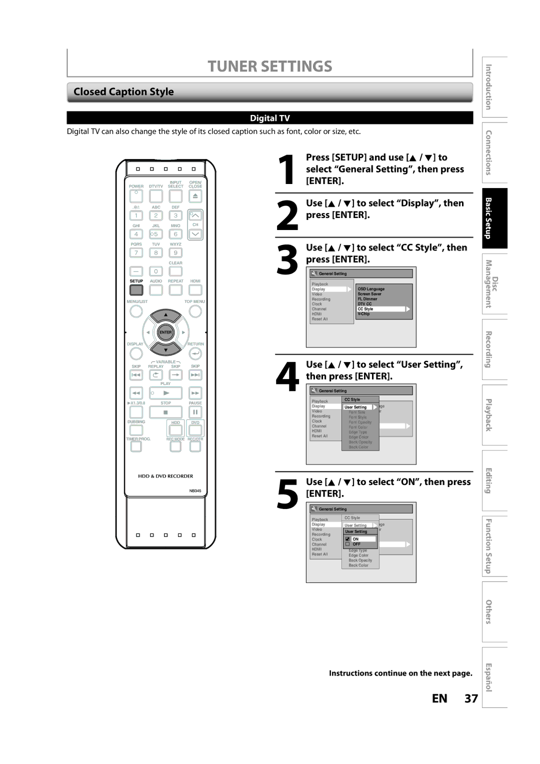 Sylvania H2160SL9 owner manual Closed Caption Style, Use K / L to select CC Style, then 