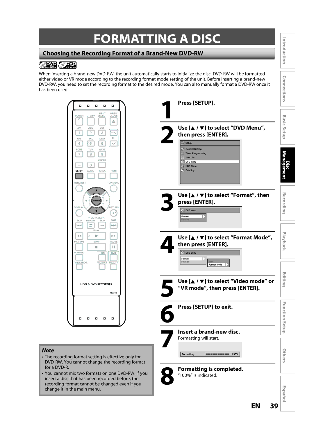 Sylvania H2160SL9 owner manual Formatting a Disc, Choosing the Recording Format of a Brand-New DVD-RW 