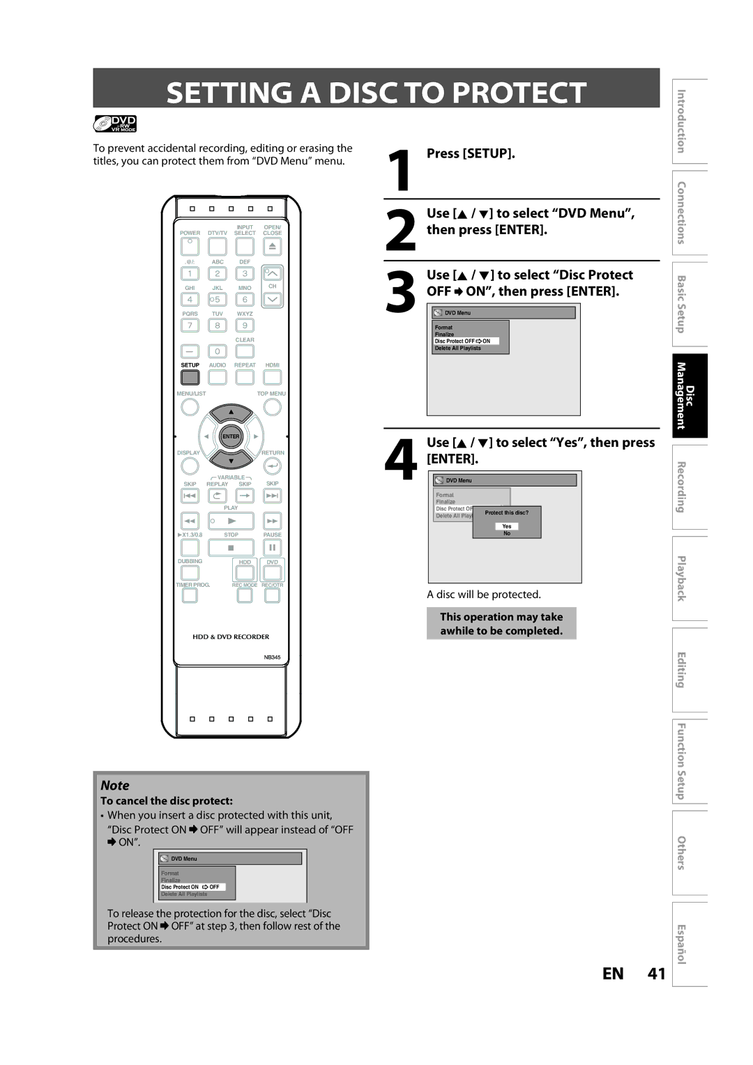 Sylvania H2160SL9 owner manual Setting a Disc to Protect, Press Setup Use K / L to select DVD Menu, then press Enter 