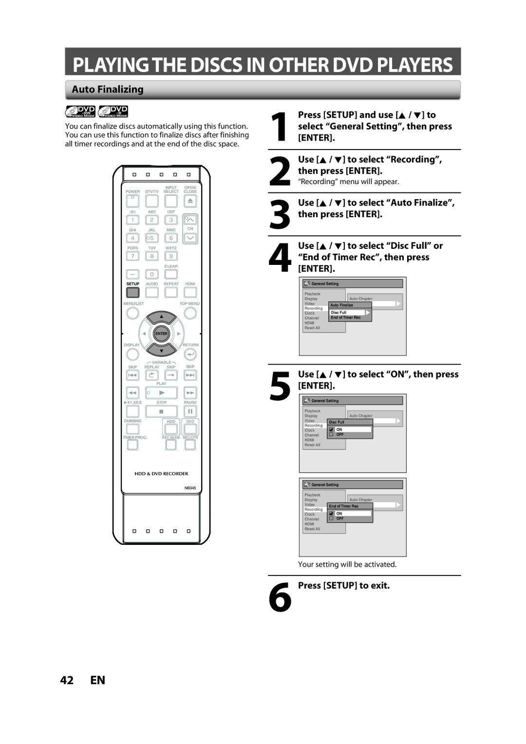 Sylvania H2160SL9 owner manual Auto Finalizing, Use K / L to select Recording, then press Enter, Recording menu will appear 