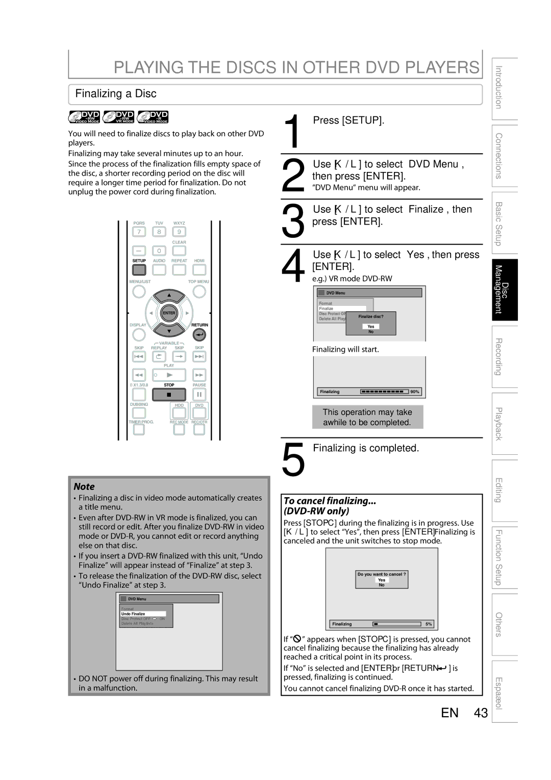 Sylvania H2160SL9 owner manual Playing the Discs in Other DVD Players, Finalizing a Disc, Finalizing is completed 