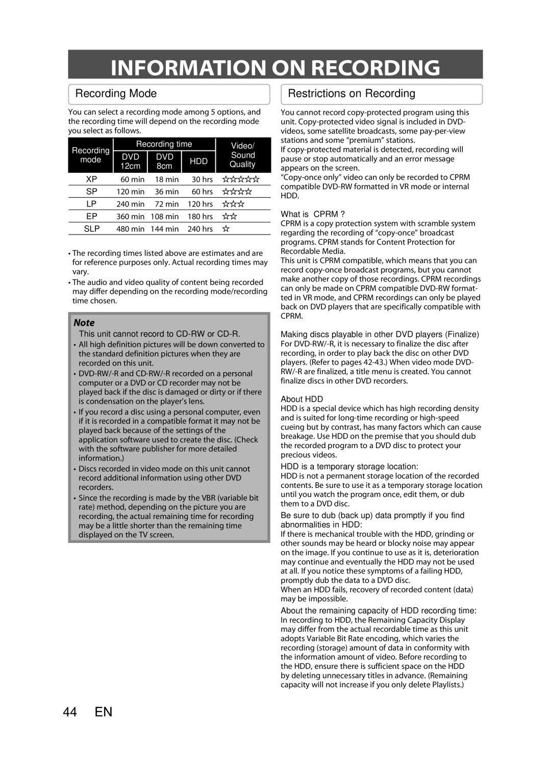 Sylvania H2160SL9 owner manual Information on Recording, Recording Mode, Restrictions on Recording, Video, Quality 