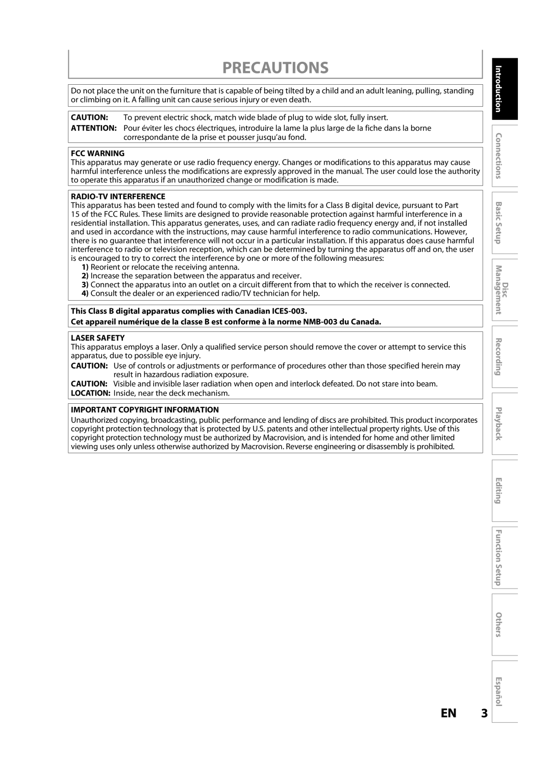 Sylvania H2160SL9 Precautions, FCC Warning, RADIO-TV Interference, Laser Safety, Important Copyright Information 