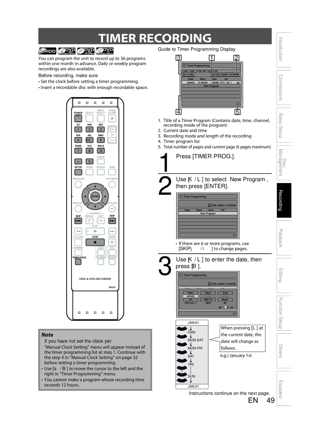 Sylvania H2160SL9 owner manual Timer Recording, Use K / L to enter the date, then press B 