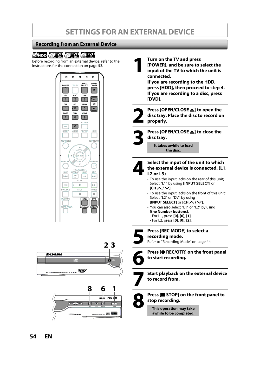 Sylvania H2160SL9 owner manual Settings for AN External Device, Recording from an External Device 