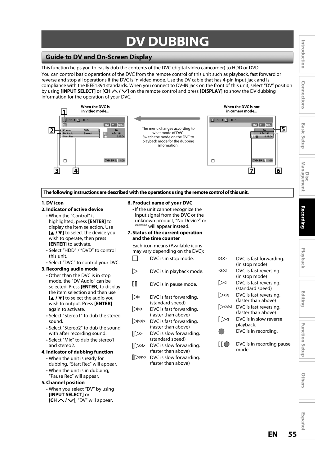 Sylvania H2160SL9 owner manual DV Dubbing, Guide to DV and On-Screen Display 