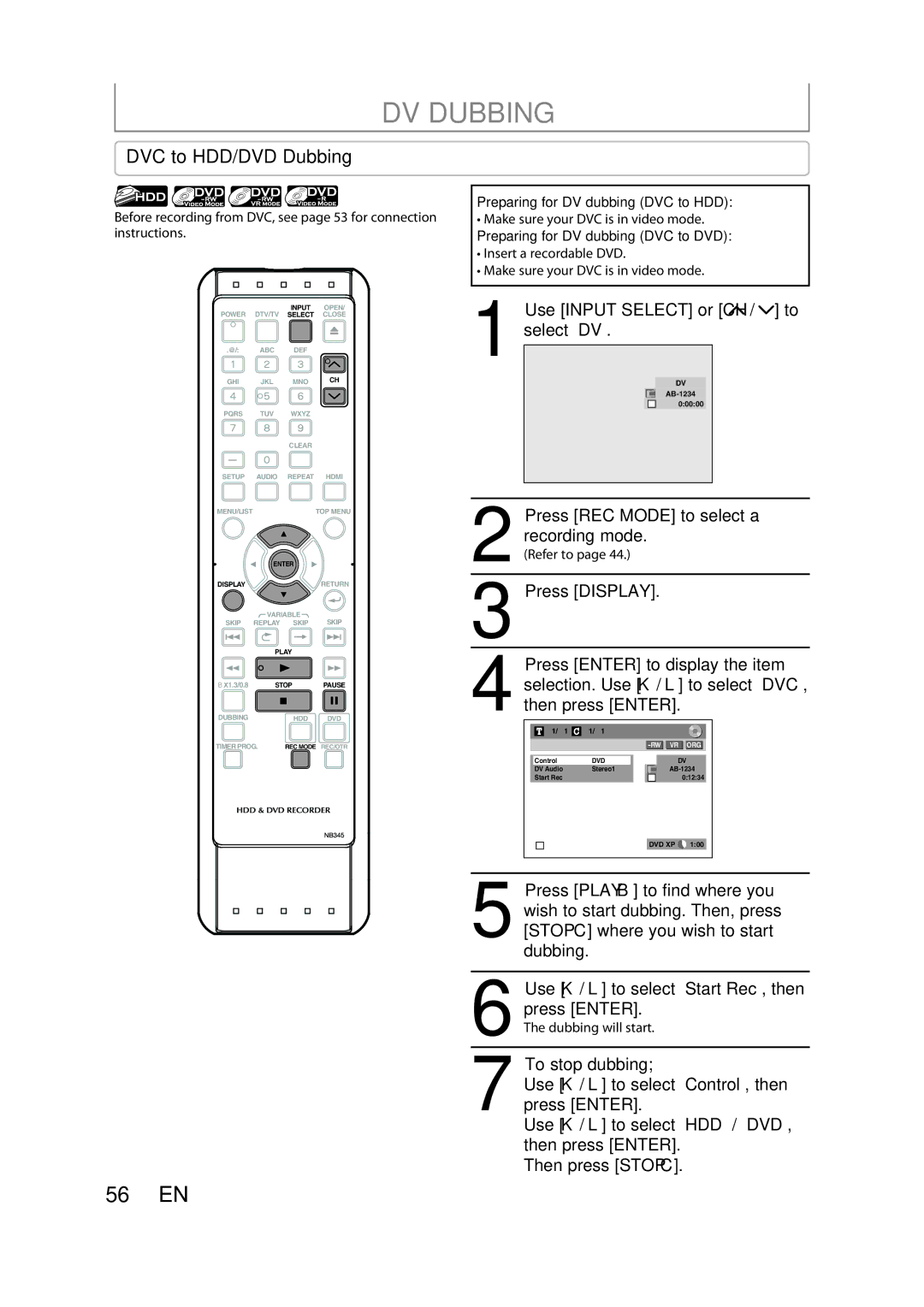 Sylvania H2160SL9 owner manual DV Dubbing, DVC to HDD/DVD Dubbing, Use Input Select or CH / to select DV 