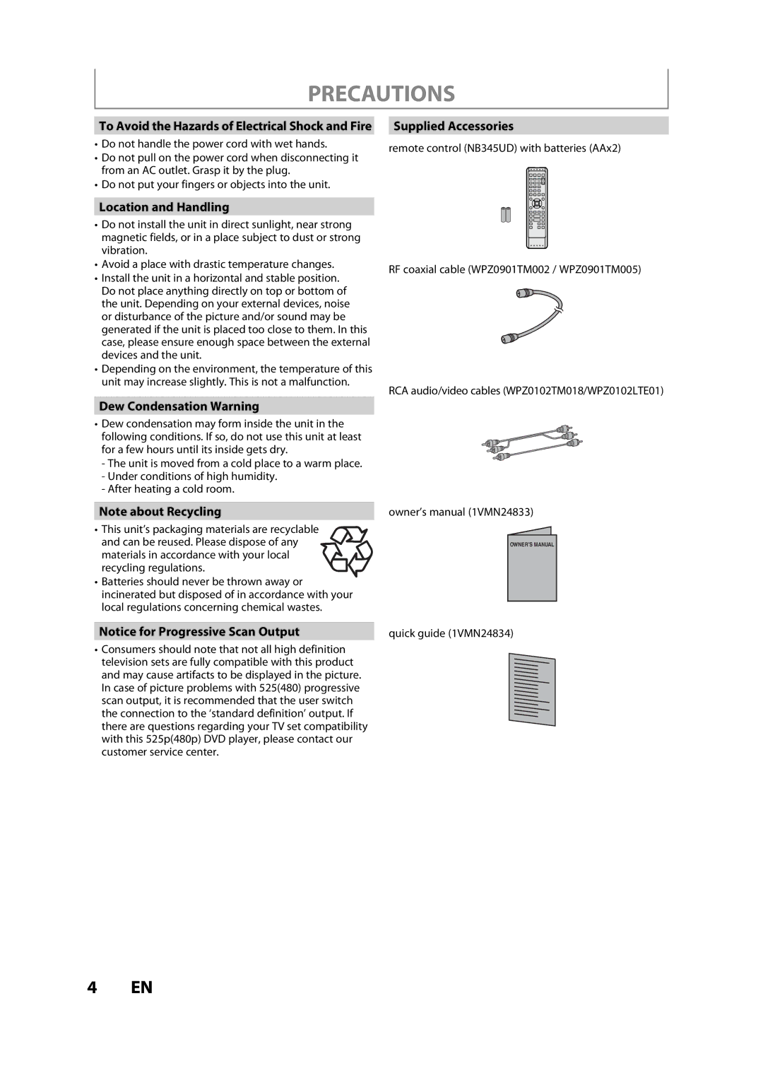 Sylvania H2160SL9 owner manual Location and Handling, Dew Condensation Warning, Supplied Accessories 