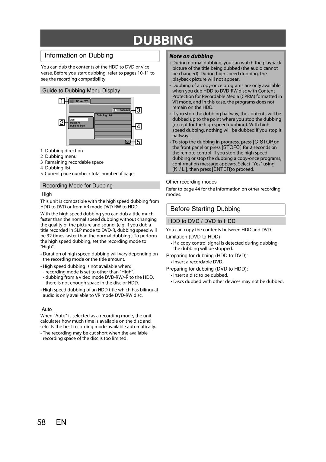 Sylvania H2160SL9 owner manual Information on Dubbing, Before Starting Dubbing 