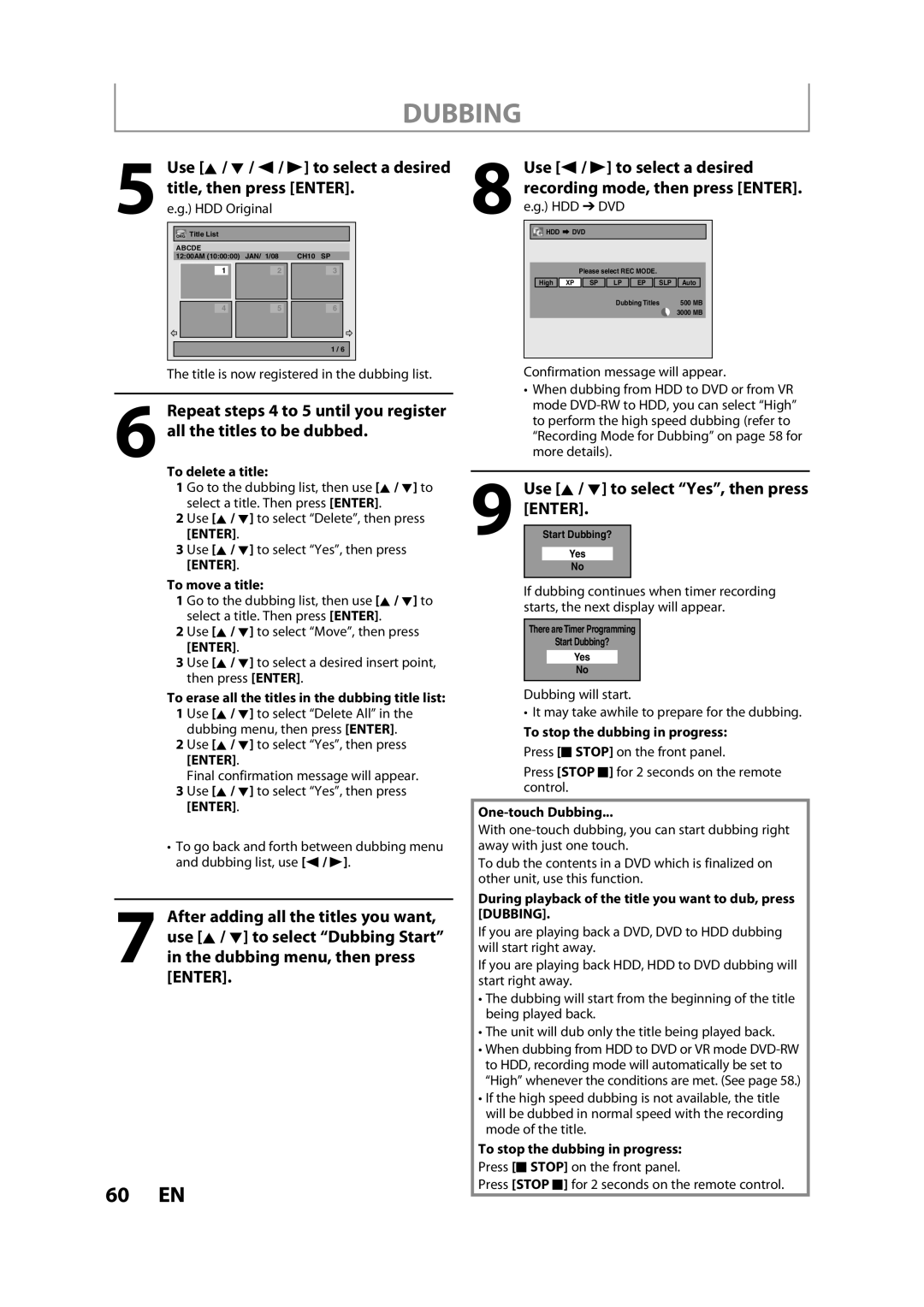 Sylvania H2160SL9 Use s / B to select a desired, Use K / L to select Yes, then press, Recording mode, then press Enter 