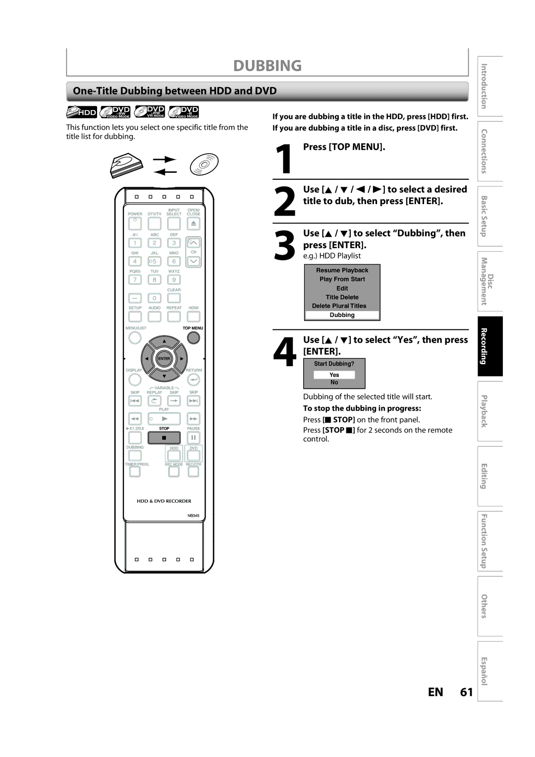 Sylvania H2160SL9 owner manual One-Title Dubbing between HDD and DVD, Press TOP Menu, HDD Playlist 