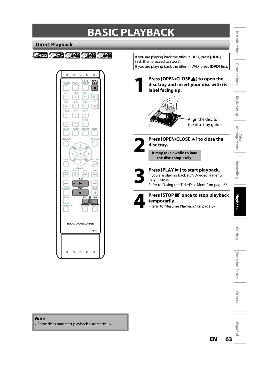 Sylvania H2160SL9 owner manual Basic Playback, Direct Playback, Some discs may start playback automatically 