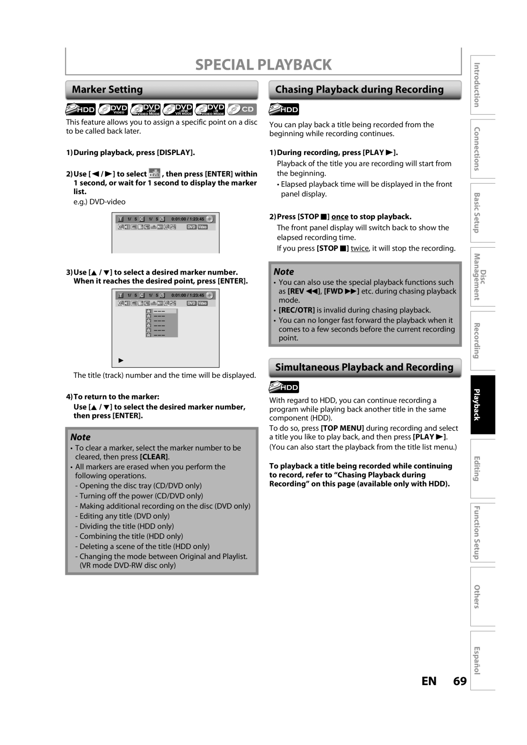 Sylvania H2160SL9 owner manual Marker Setting, Chasing Playback during Recording, Simultaneous Playback and Recording 