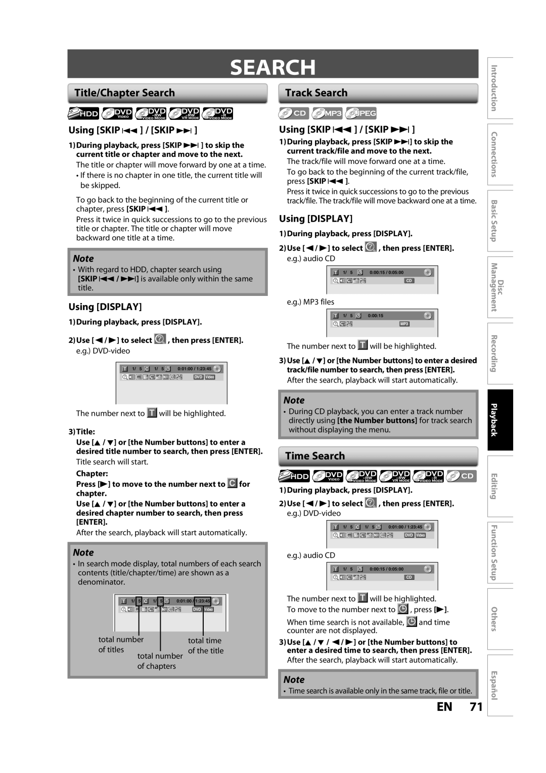 Sylvania H2160SL9 owner manual Title/Chapter Search, Time Search, Using Skip j / Skip, Using Display 