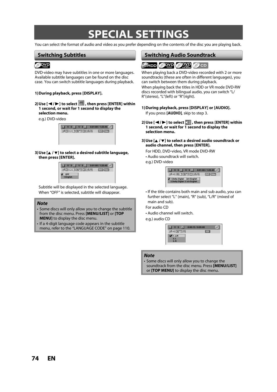 Sylvania H2160SL9 owner manual Special Settings, Switching Subtitles, Switching Audio Soundtrack 