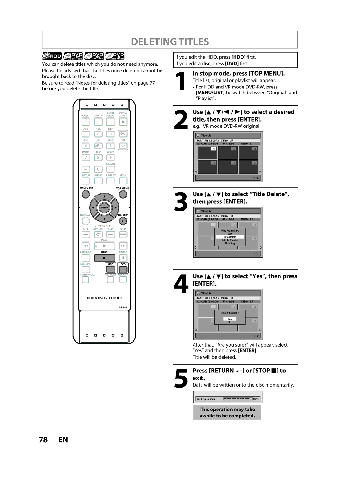 Sylvania H2160SL9 Deleting Titles, Use K / L to select Title Delete, Press Return or Stop C to exit, Then press Enter 