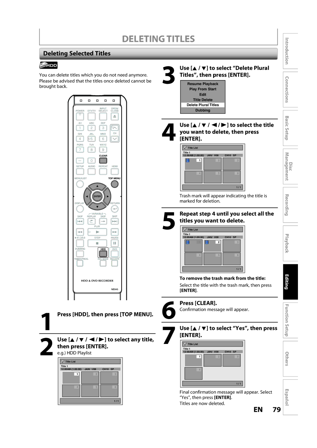 Sylvania H2160SL9 owner manual Deleting Selected Titles, Use K / L to select Delete Plural Titles, then press Enter 