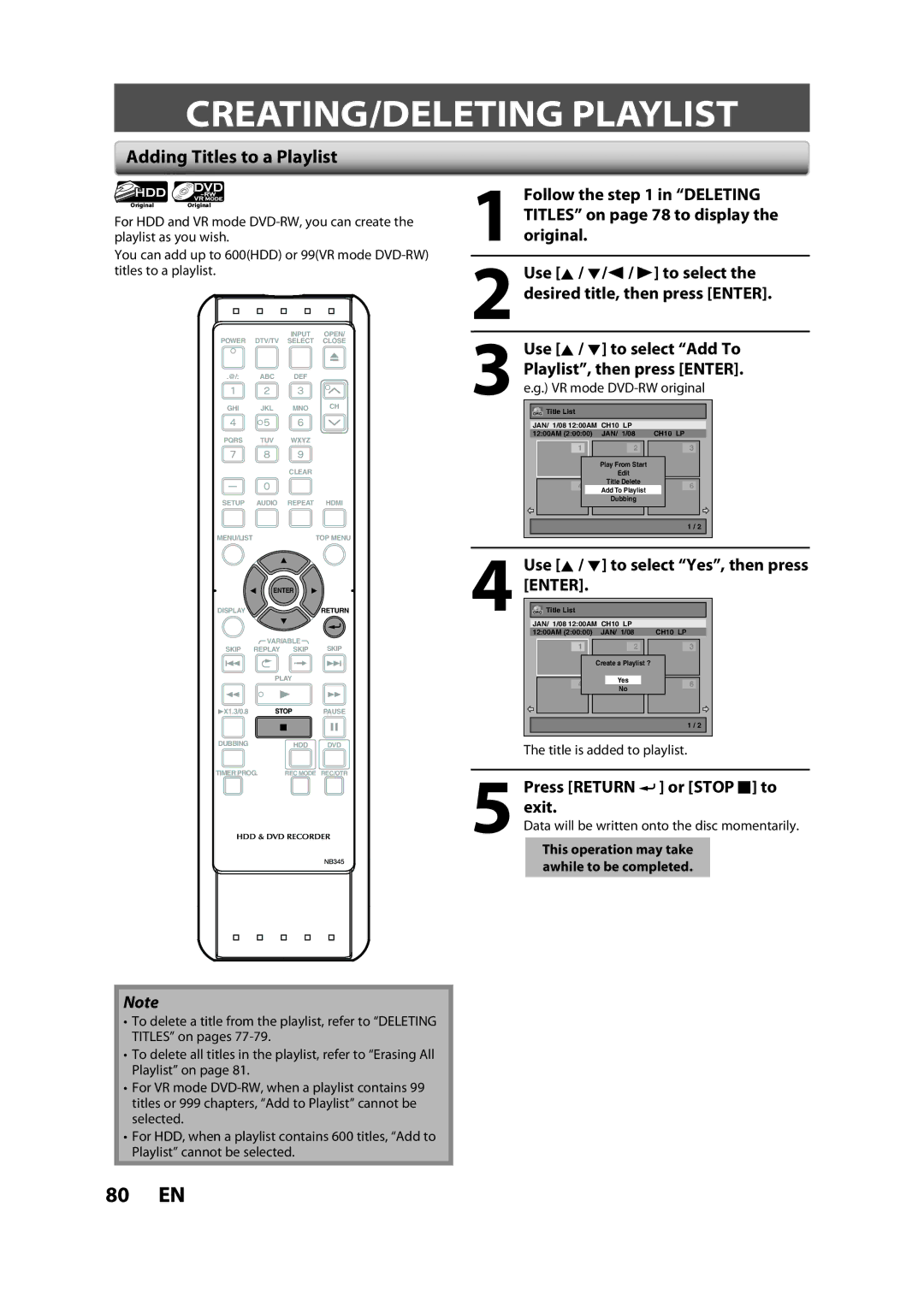 Sylvania H2160SL9 owner manual CREATING/DELETING Playlist, Adding Titles to a Playlist, Use K / L to select Add To 