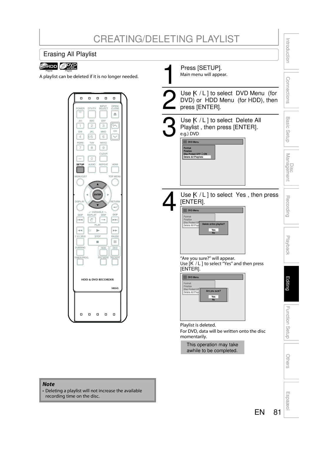 Sylvania H2160SL9 CREATING/DELETING Playlist, Erasing All Playlist, Use K / L to select Yes, then press ENTER.DVD Menu 