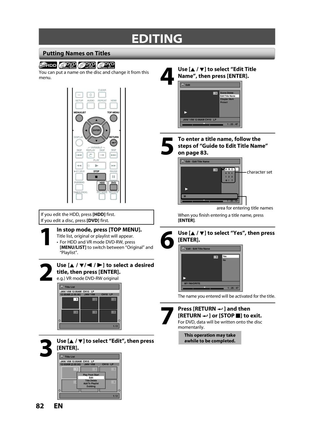 Sylvania H2160SL9 owner manual Editing, Putting Names on Titles, Use K / L to select Edit Title Name, then press Enter 