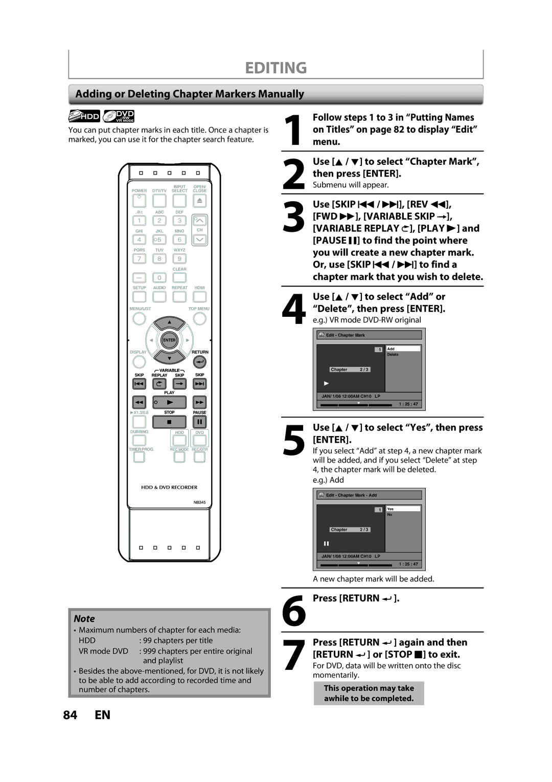 Sylvania H2160SL9 owner manual Adding or Deleting Chapter Markers Manually, Press Return 