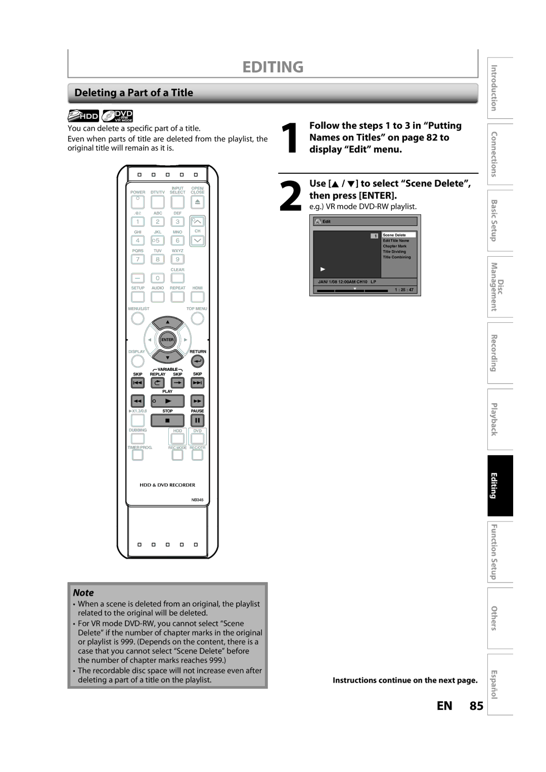 Sylvania H2160SL9 owner manual Deleting a Part of a Title, VR mode DVD-RW playlist 