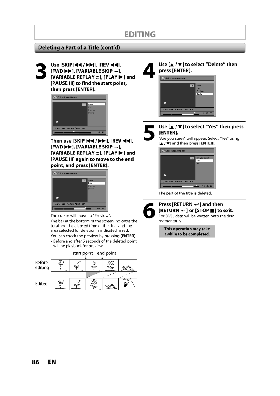 Sylvania H2160SL9 Deleting a Part of a Title cont’d, Use K / L to select Delete then press Enter, Then press Enter 