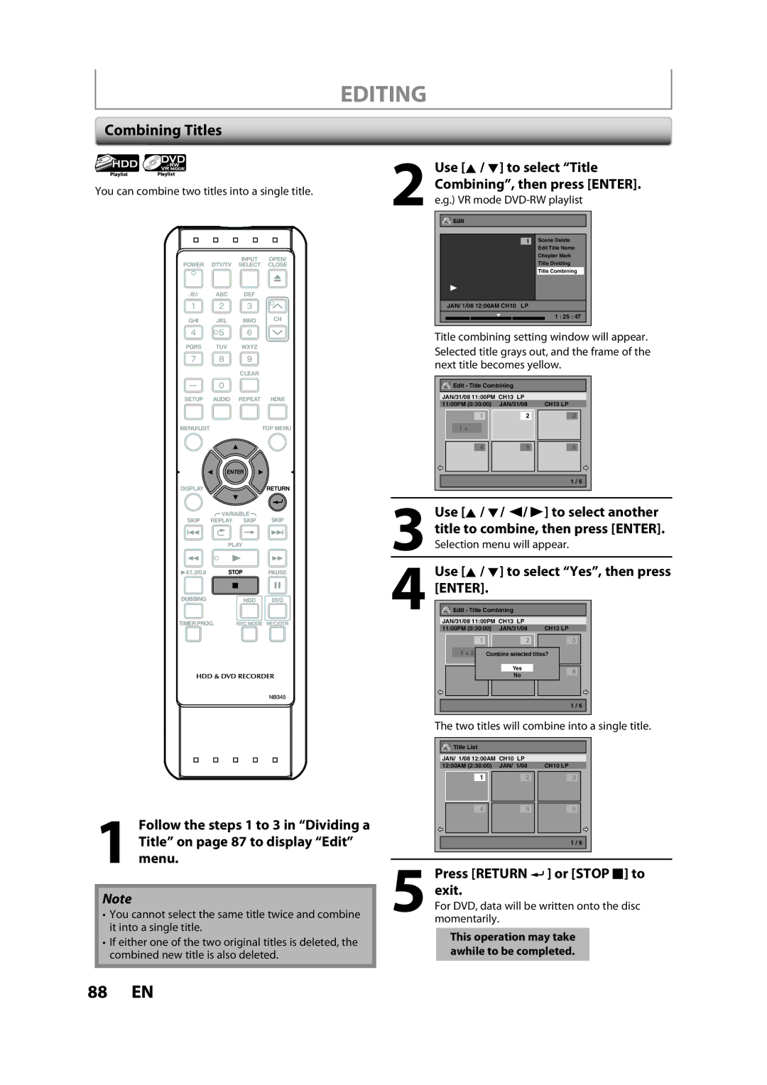 Sylvania H2160SL9 owner manual Combining Titles, Use K / L to select Title, Use K / L/ / B to select another 