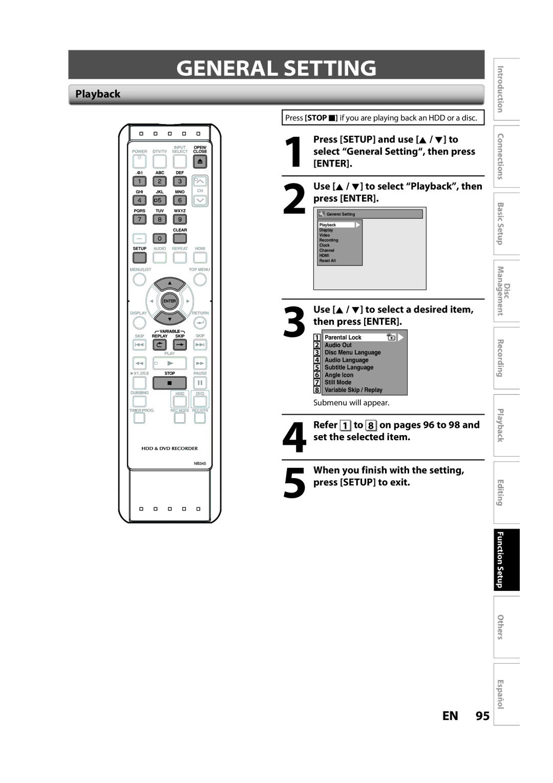 Sylvania H2160SL9 owner manual General Setting, Use K / L to select Playback, then press Enter 