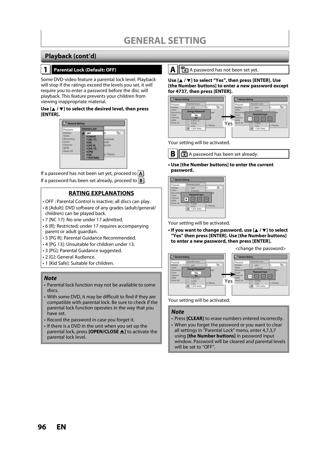 Sylvania H2160SL9 owner manual General Setting, Playback cont’d, Parental Lock Default OFF 