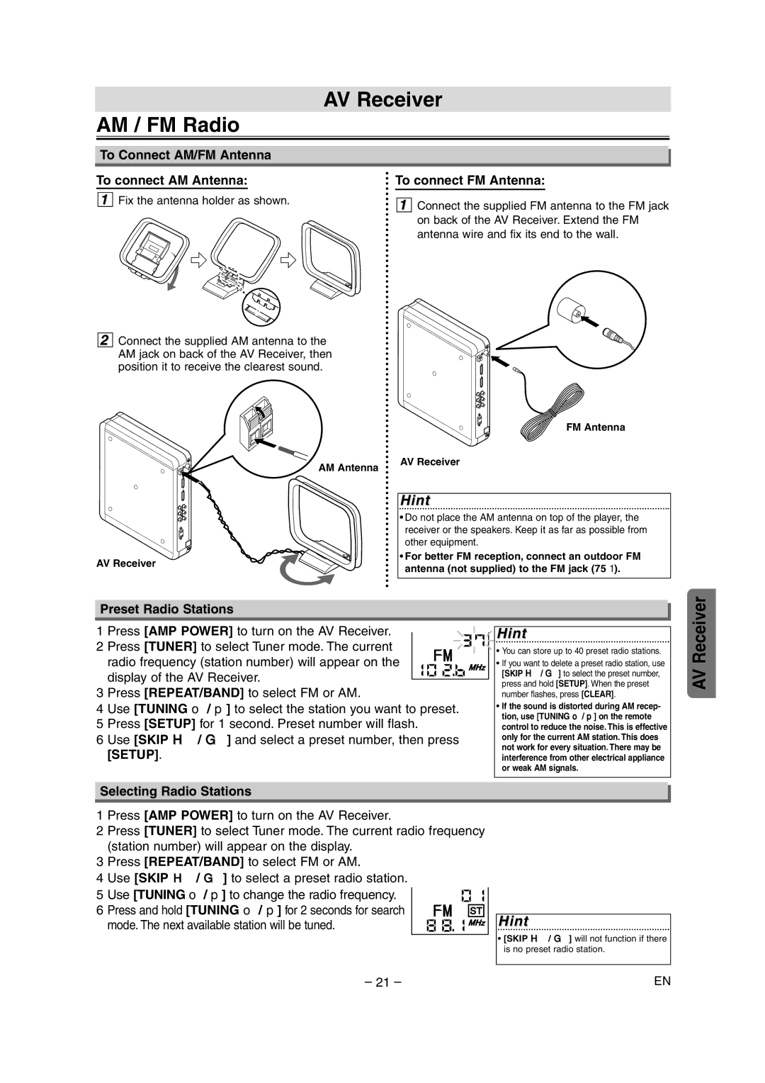 Sylvania HT6051FB owner manual AV Receiver, AM / FM Radio, Preset Radio Stations, Selecting Radio Stations 