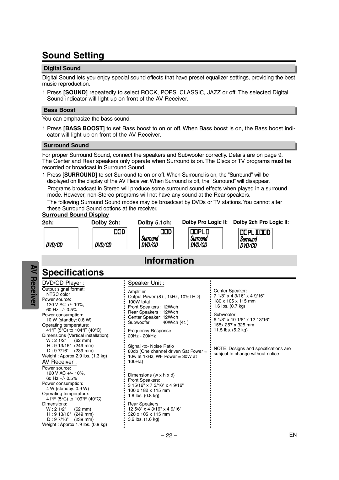 Sylvania HT6051FB owner manual Sound Setting, Information Specifications 