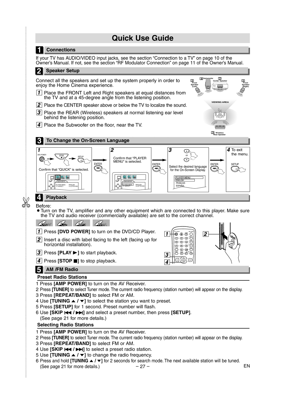 Sylvania HT6051FB owner manual Quick Use Guide, Connections Speaker Setup, To Change the On-Screen Language, Playback 