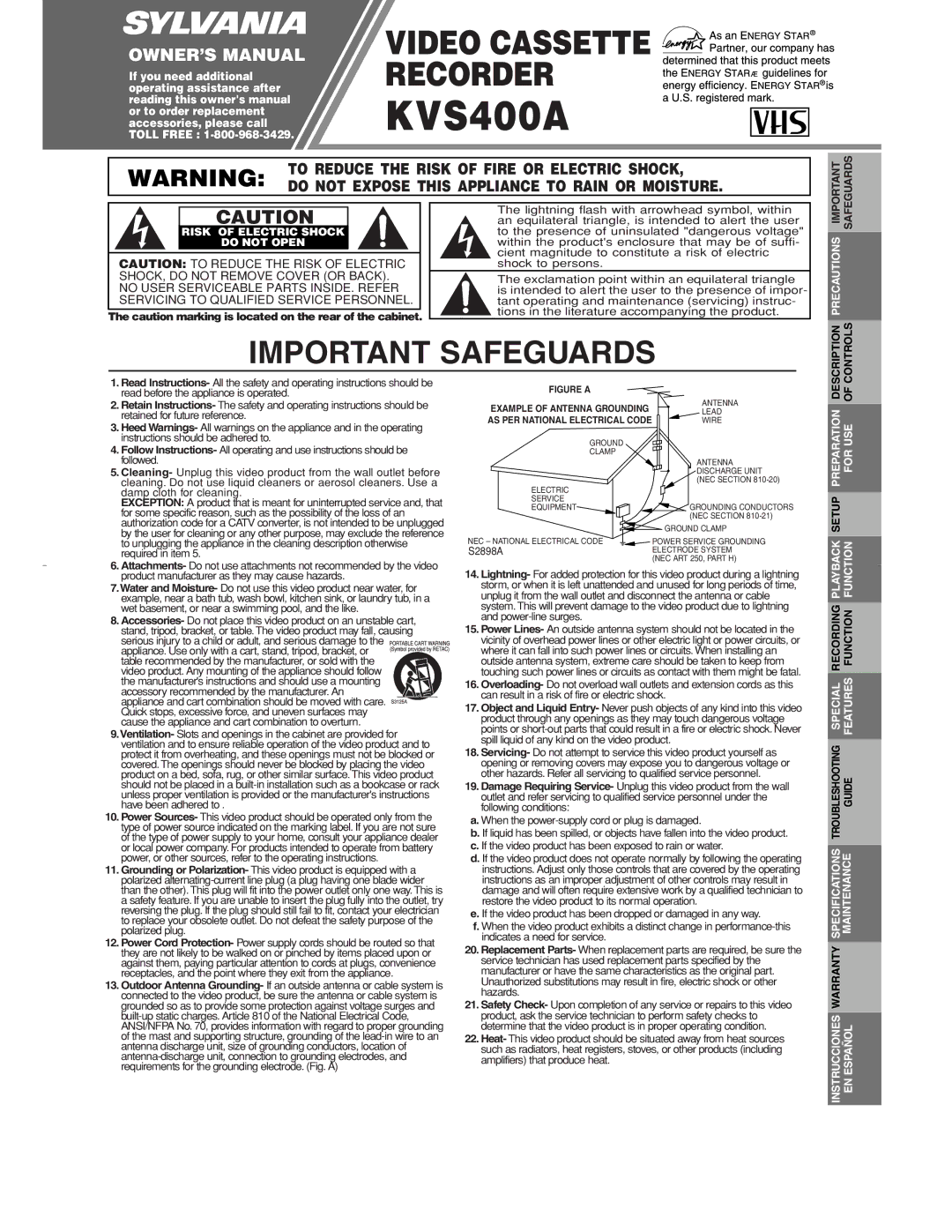 Sylvania KVS400A owner manual Safeguards, Description Controls 