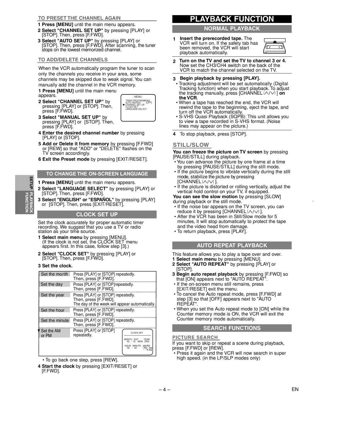 Sylvania KVS400A owner manual Playback Function, Normal Playback, Clock SET UP, Auto Repeat Playback, Search Functions 