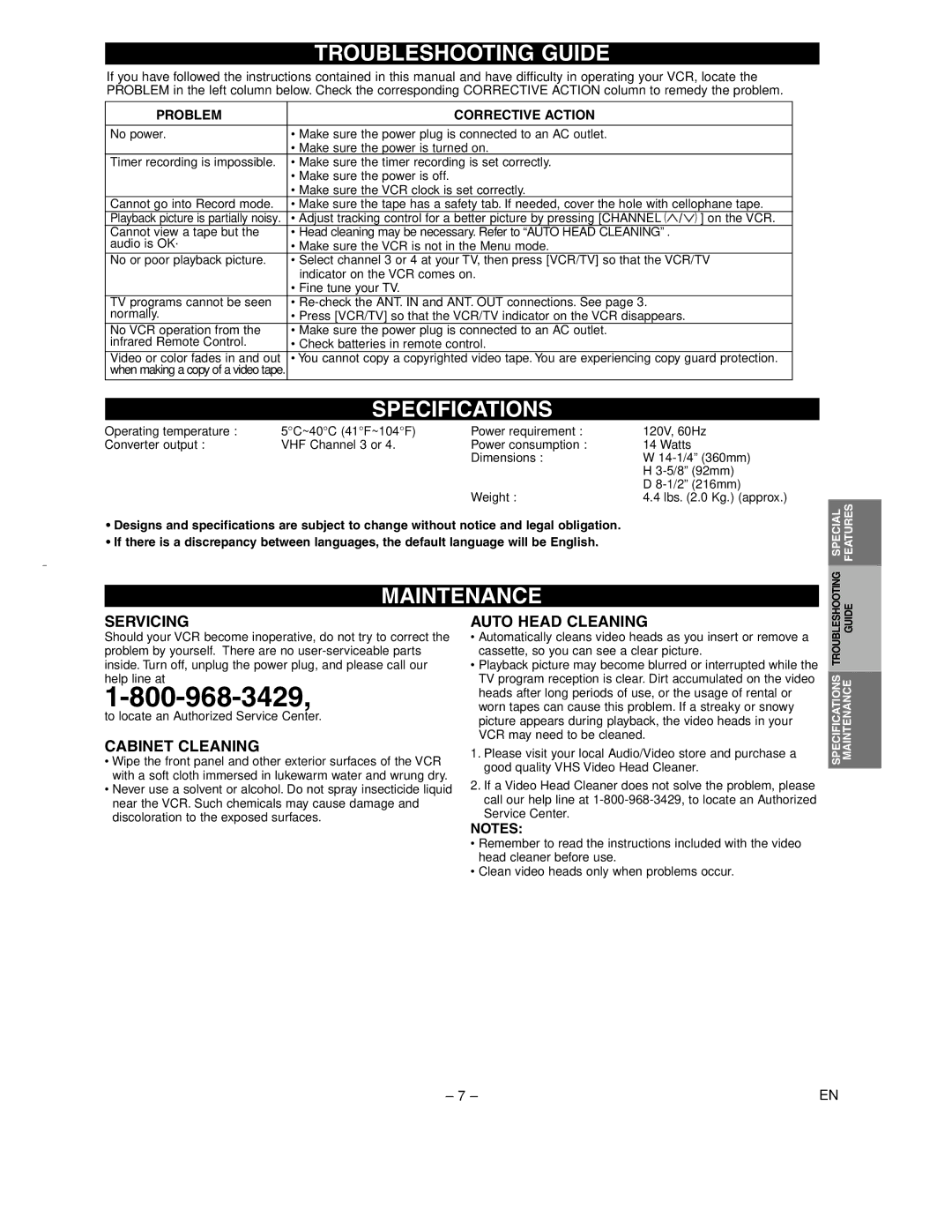 Sylvania KVS400A owner manual Troubleshooting Guide, Specifications, Maintenance 